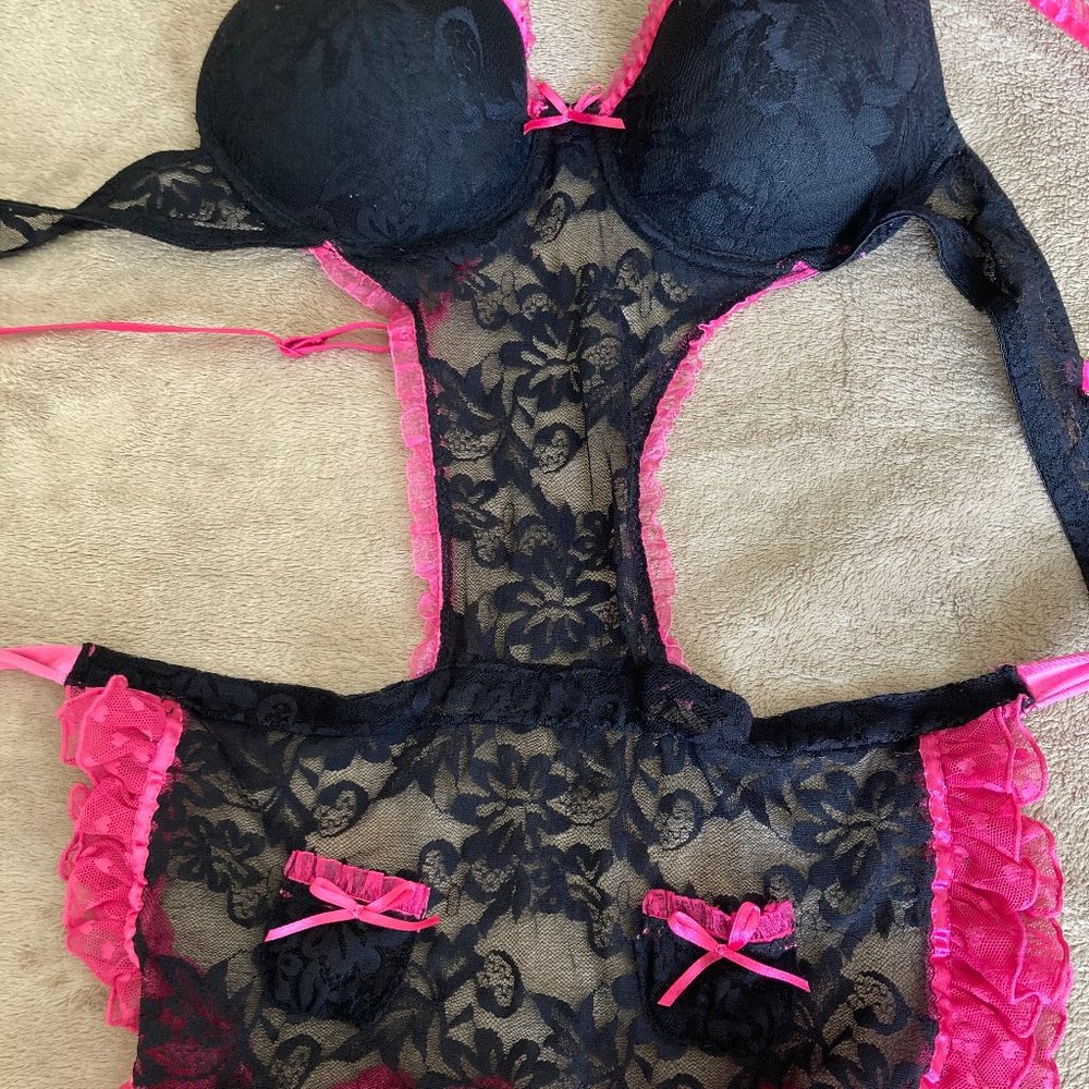 COPY - Pink/Black medium lace apron maid lingerie costume M
